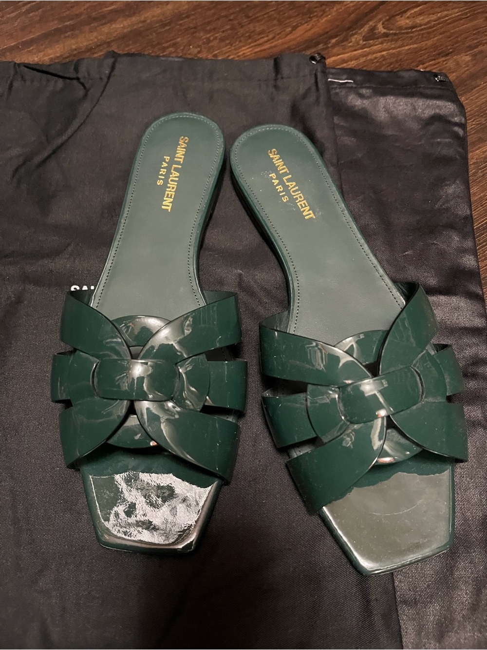 Saint Laurent Dark Green Braided Leather Slide Mules